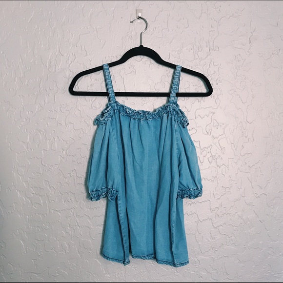 FOLDED & HUNG ||| Denim Off Shoulder w/ Straps - Picture 1 of 3